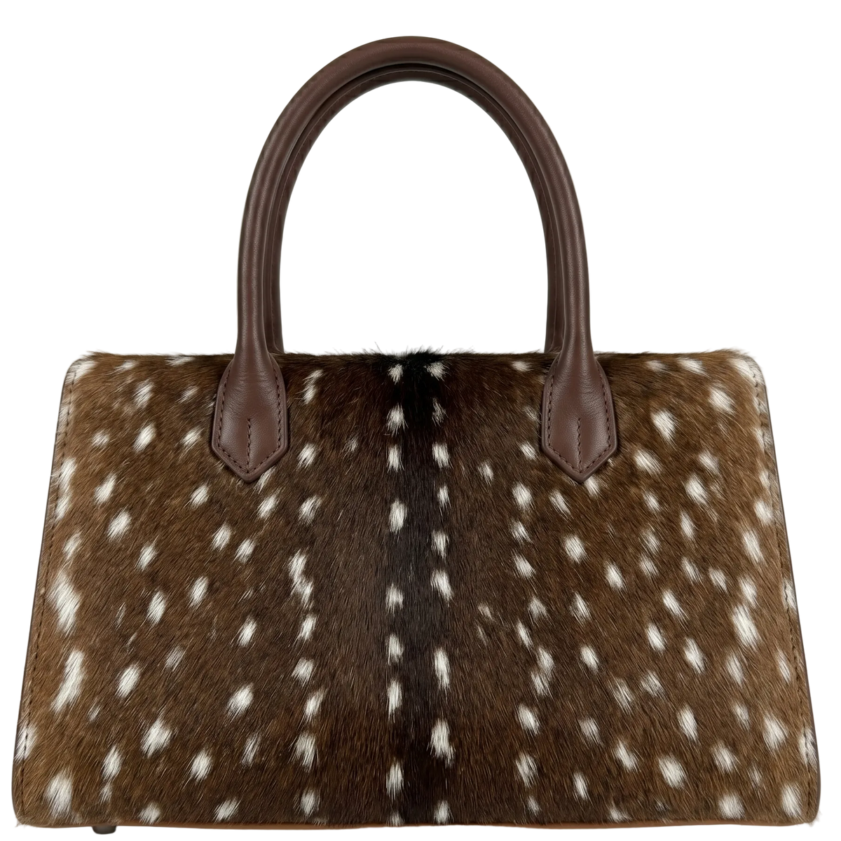 Handbag with brown and white spotted pattern on a white background