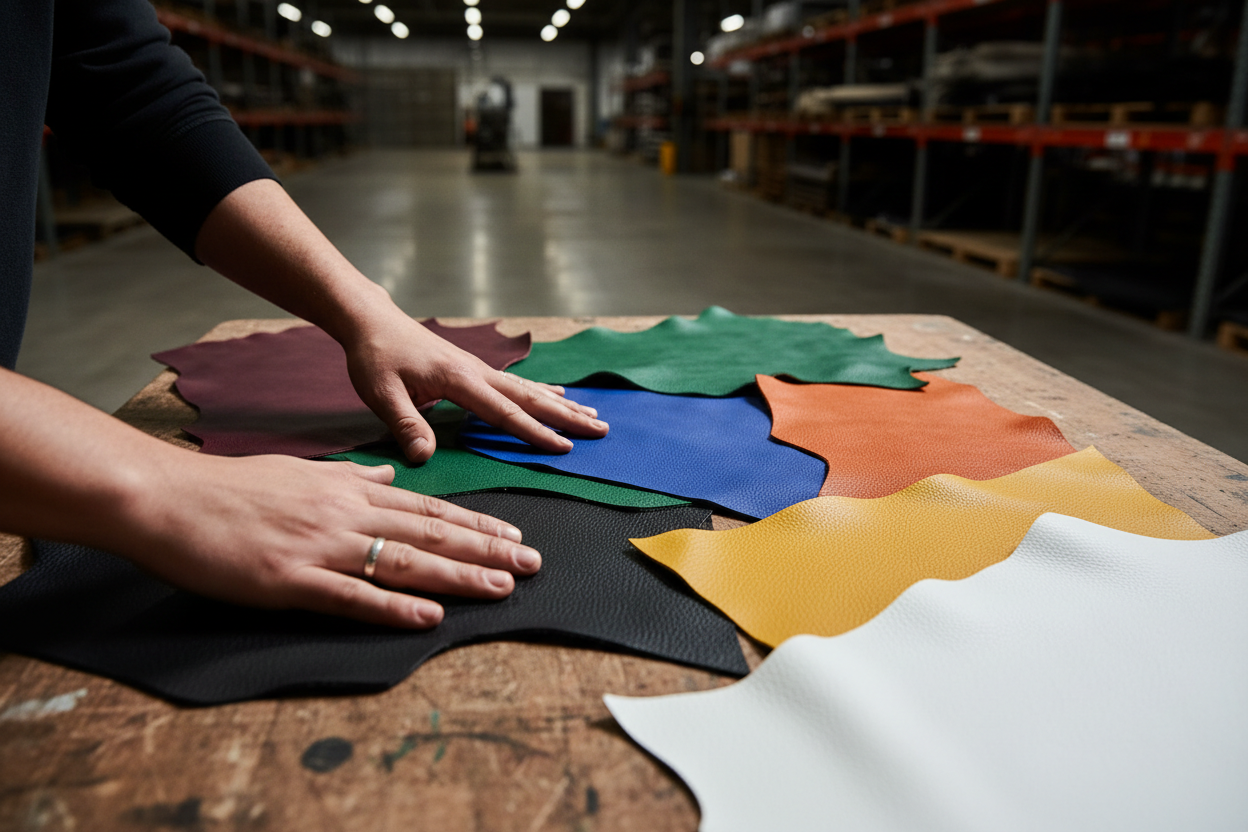 make the leather swatches more fun colors and include black and white also. i like this image