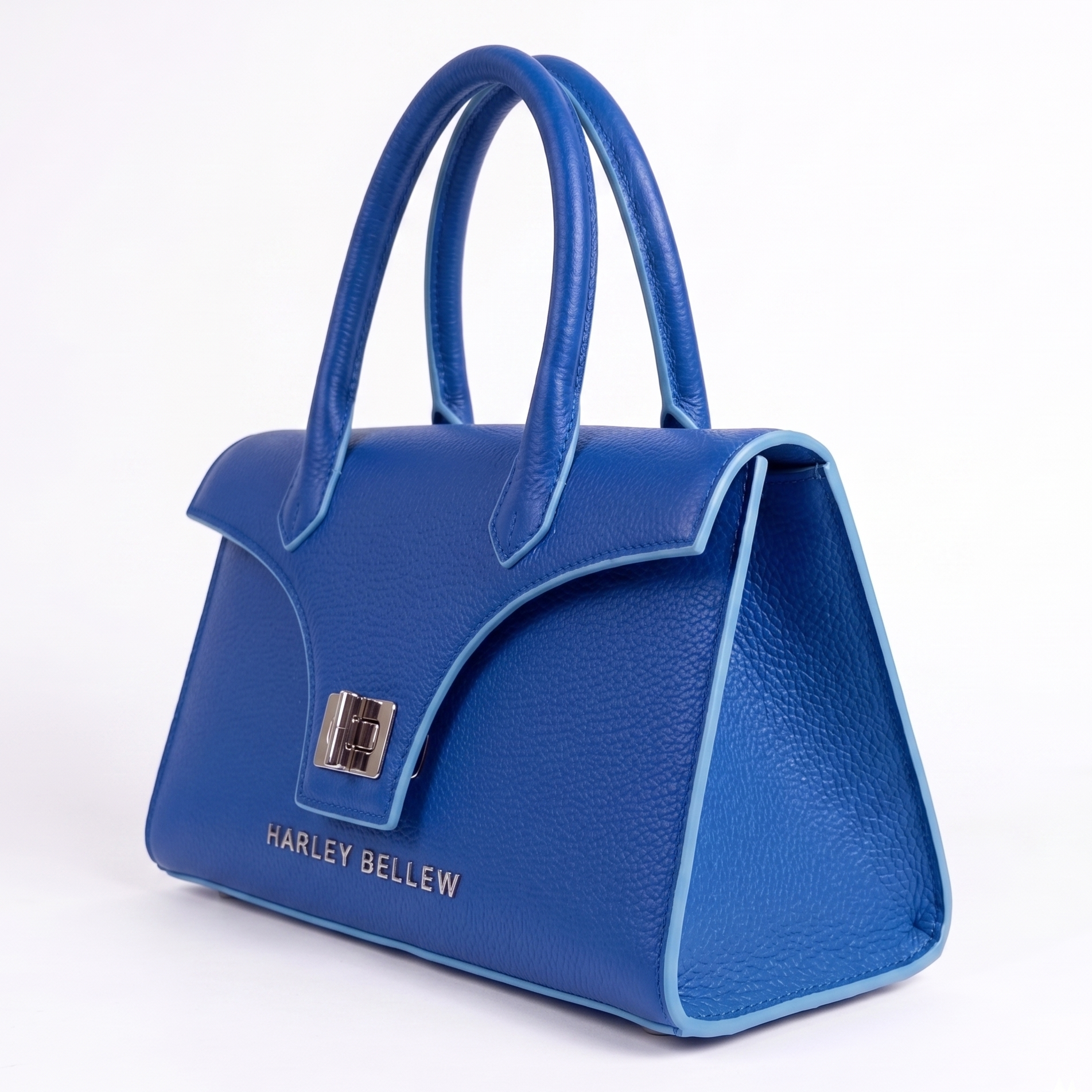 Blue handbag with 'Harley Bellew' branding on a white background